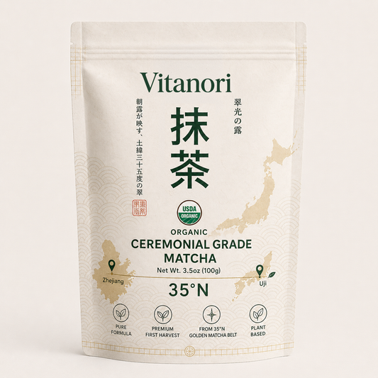Vitanori Ceremonial Grade Matcha Green Tea Powder - Premium First Harvest Single Origin USDA Organic Gluten-Free Vegan, 100% Pure Unsweetened No Additives 100g